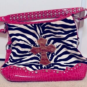 y2k zebra pattern pink faux leather 2000s tote shoulder purse bag vintage